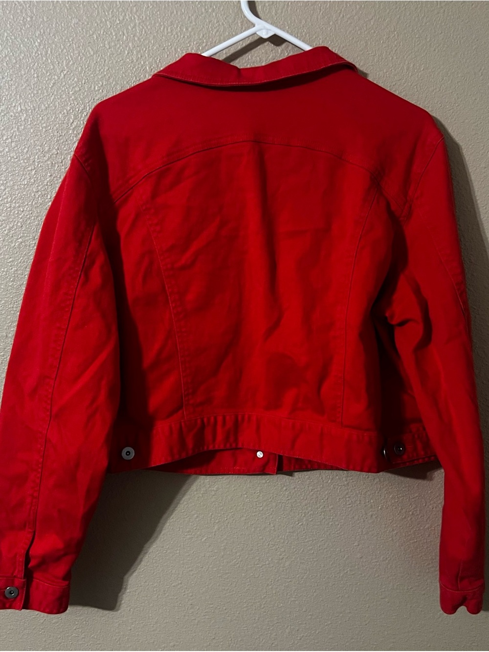 Women’s Bright Red Button-Front Jean Jacket - Picture 2 of 4